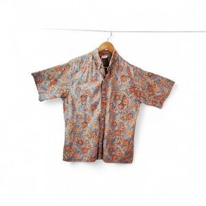 Go Barefoot Hawaiian Shirt Men XL Blue Orange Floral Tropical Reverse Print